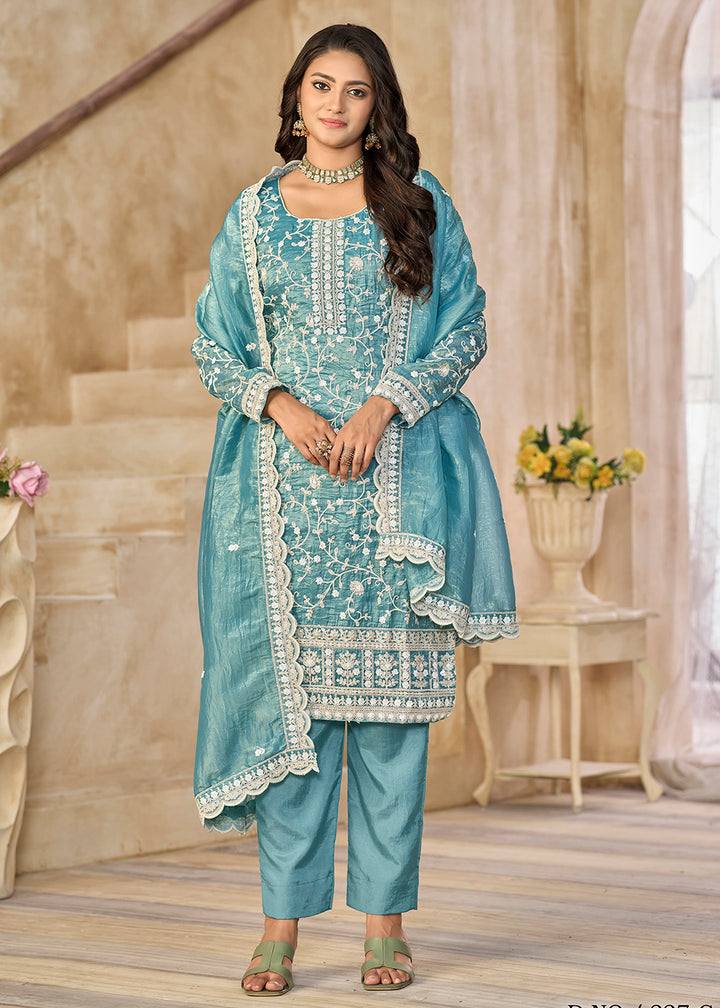 Buy Now Amazing Blue Organza Material Pant Style Suit Online in US, UK, Canada, Germany, Italy, France, Australia, Denmark & Worldwide at Empress Clothing.