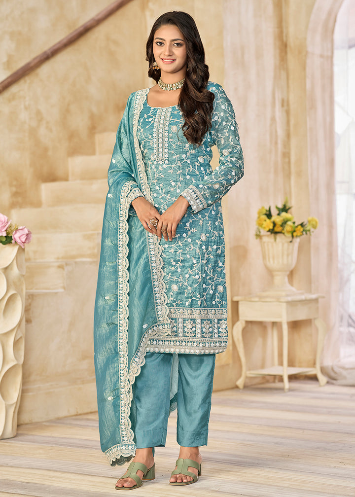 Buy Now Amazing Blue Organza Material Pant Style Suit Online in US, UK, Canada, Germany, Italy, France, Australia, Denmark & Worldwide at Empress Clothing.