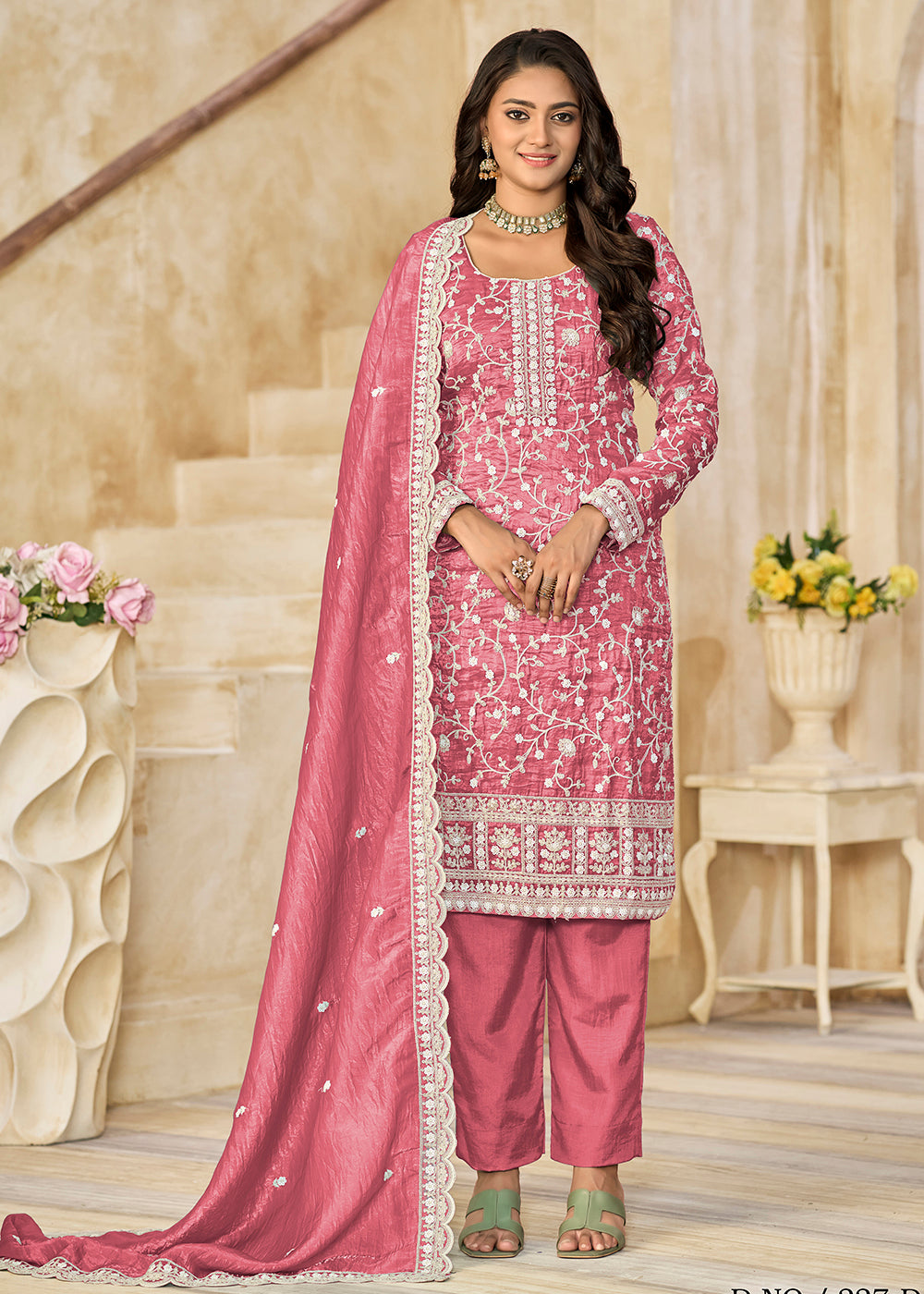Buy Now Amazing Pink Organza Material Pant Style Suit Online in US, UK, Canada, Germany, Italy, France, Australia, Denmark, UAE & Worldwide at Empress Clothing.