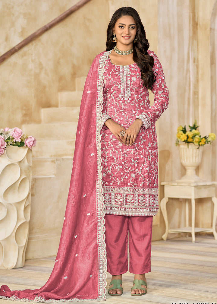 Buy Now Amazing Pink Organza Material Pant Style Suit Online in US, UK, Canada, Germany, Italy, France, Australia, Denmark, UAE & Worldwide at Empress Clothing.