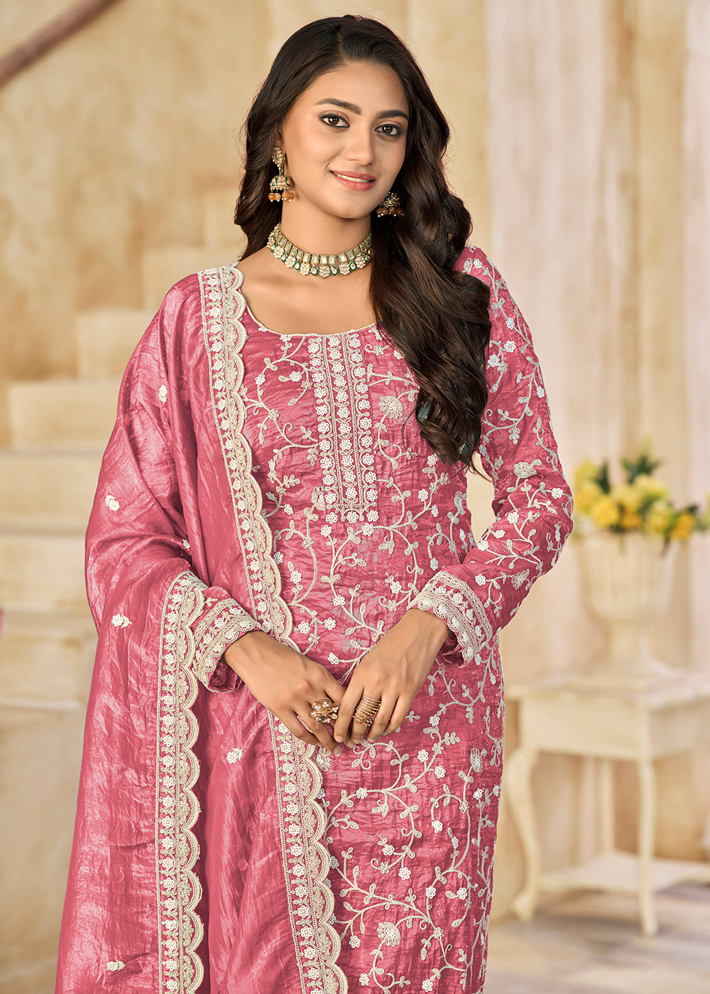 Buy Now Amazing Pink Organza Material Pant Style Suit Online in US, UK, Canada, Germany, Italy, France, Australia, Denmark, UAE & Worldwide at Empress Clothing.