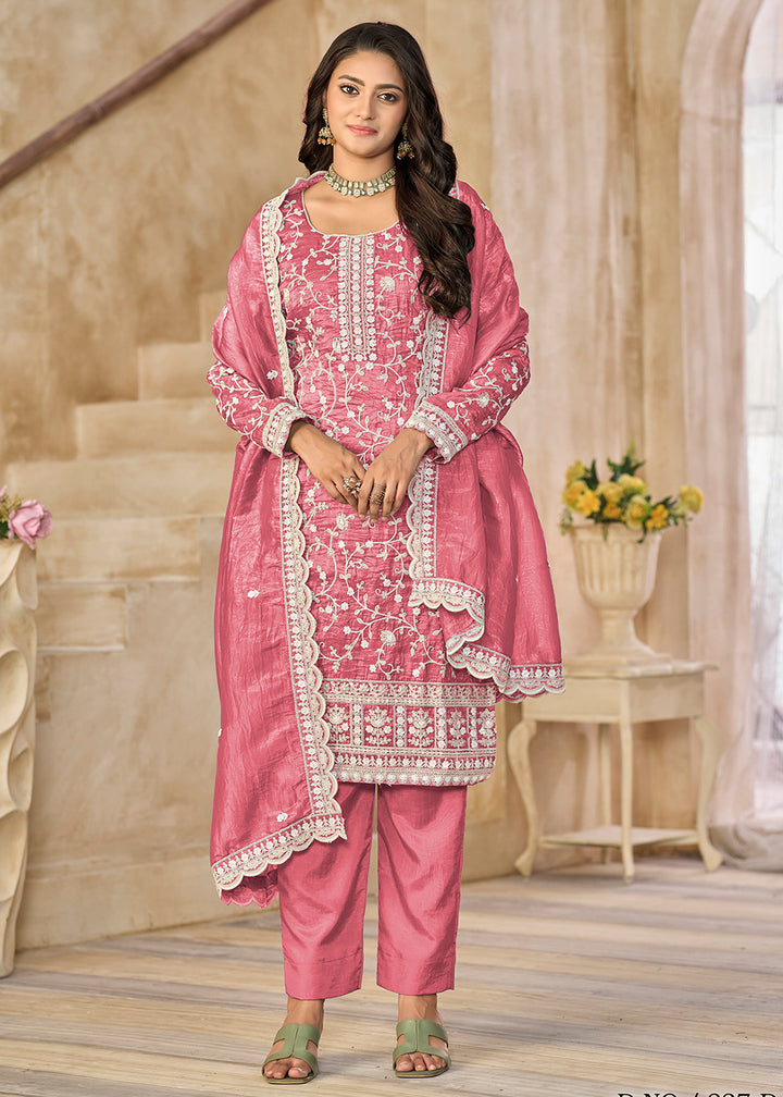 Buy Now Amazing Pink Organza Material Pant Style Suit Online in US, UK, Canada, Germany, Italy, France, Australia, Denmark, UAE & Worldwide at Empress Clothing.