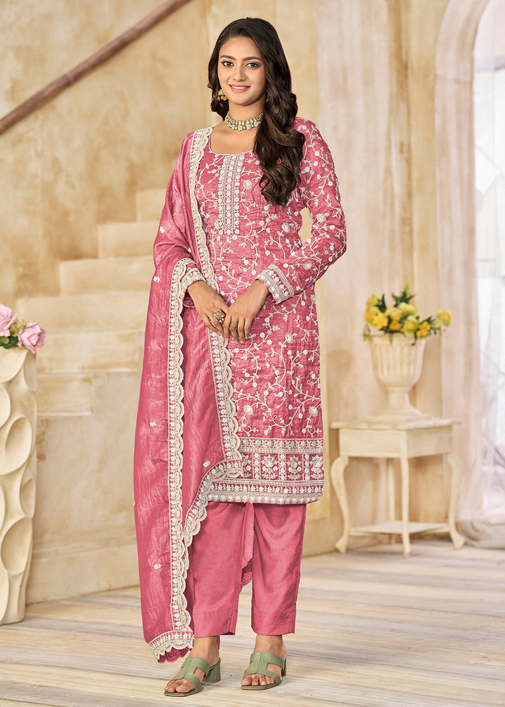 Buy Now Amazing Pink Organza Material Pant Style Suit Online in US, UK, Canada, Germany, Italy, France, Australia, Denmark, UAE & Worldwide at Empress Clothing.