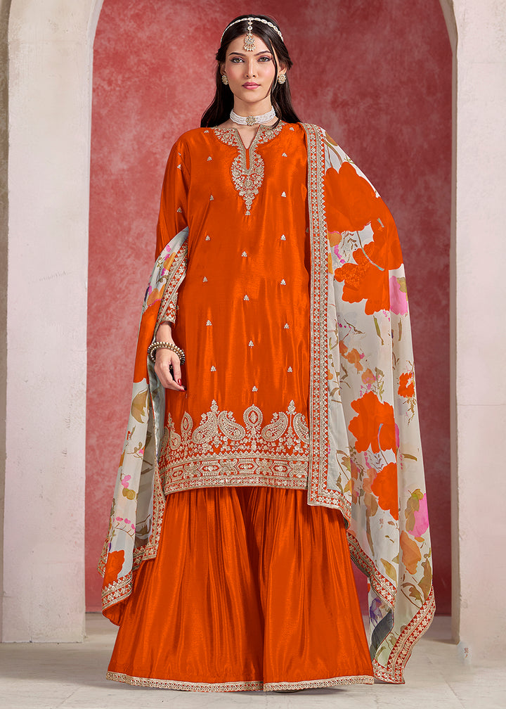 Shop Now Orange Zari Threads Work Festive Gharara Style Suit Online in USA, UK, Canada, France, Qatar, Germany, Italy, Spain & Worldwide at Empress Clothing.