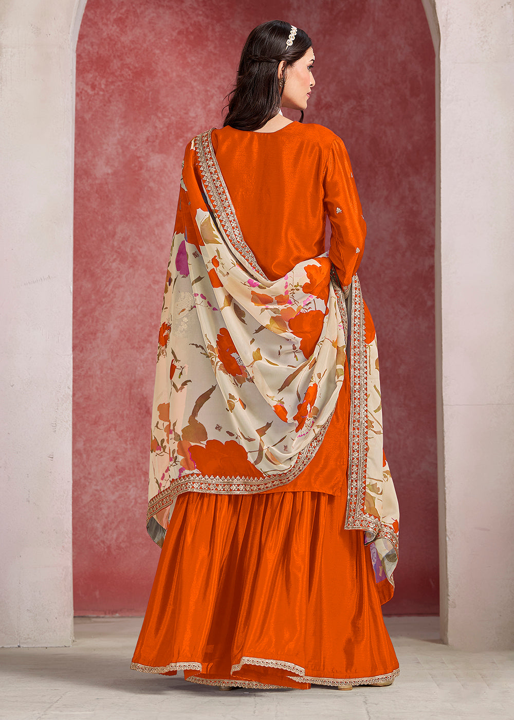 Shop Now Orange Zari Threads Work Festive Gharara Style Suit Online in USA, UK, Canada, France, Qatar, Germany, Italy, Spain & Worldwide at Empress Clothing.