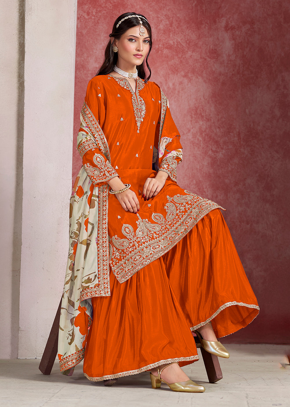 Shop Now Orange Zari Threads Work Festive Gharara Style Suit Online in USA, UK, Canada, France, Qatar, Germany, Italy, Spain & Worldwide at Empress Clothing.