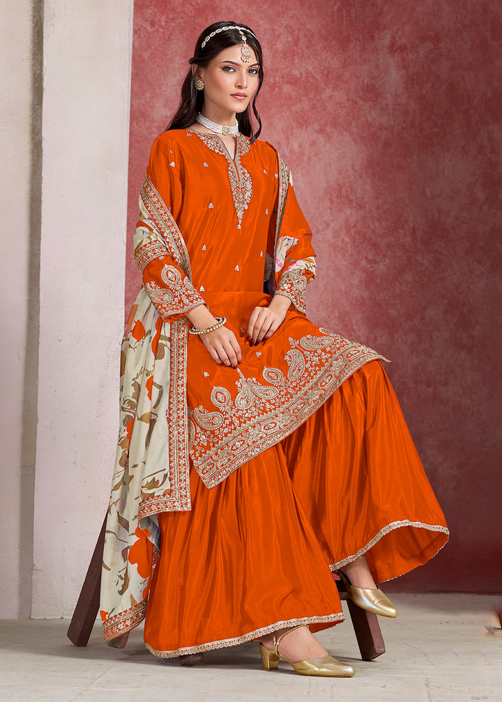 Shop Now Orange Zari Threads Work Festive Gharara Style Suit Online in USA, UK, Canada, France, Qatar, Germany, Italy, Spain & Worldwide at Empress Clothing.