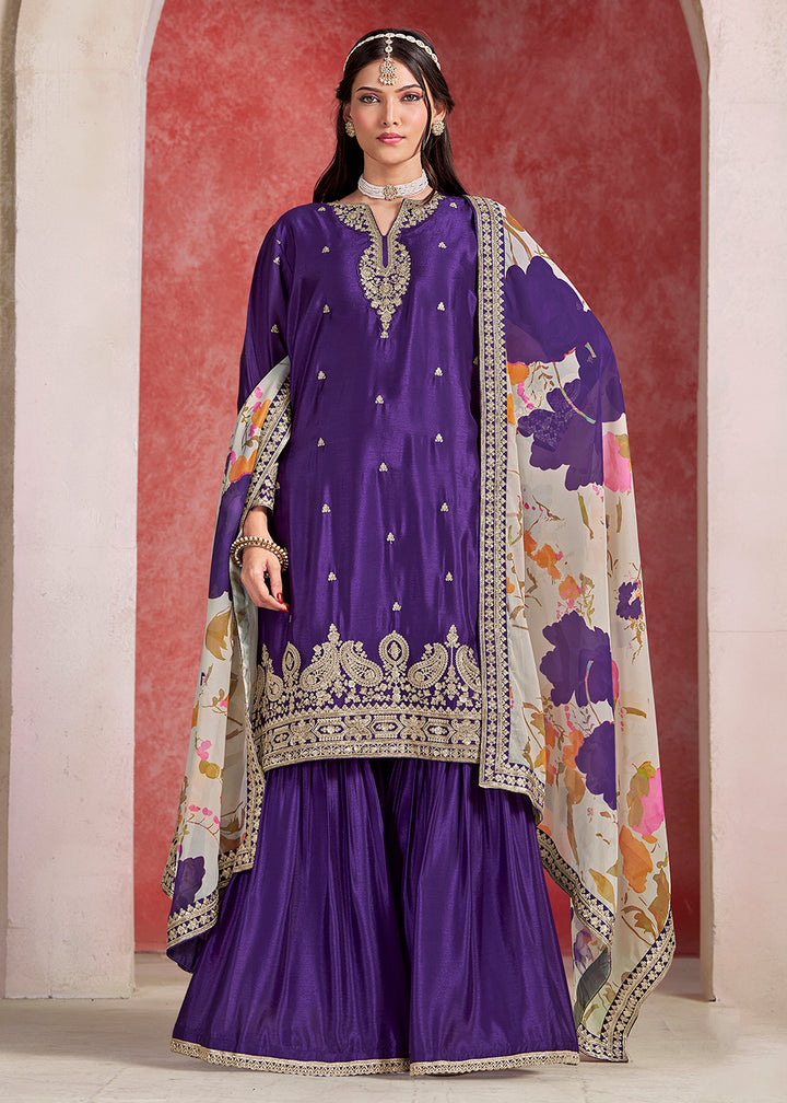 Shop Now Purple Zari Threads Work Festive Gharara Style Suit Online in USA, UK, Canada, France, Qatar, Germany, Italy, Spain & Worldwide at Empress Clothing.