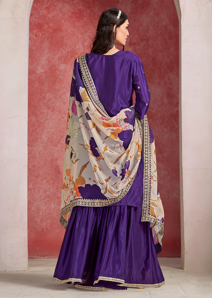 Shop Now Purple Zari Threads Work Festive Gharara Style Suit Online in USA, UK, Canada, France, Qatar, Germany, Italy, Spain & Worldwide at Empress Clothing.