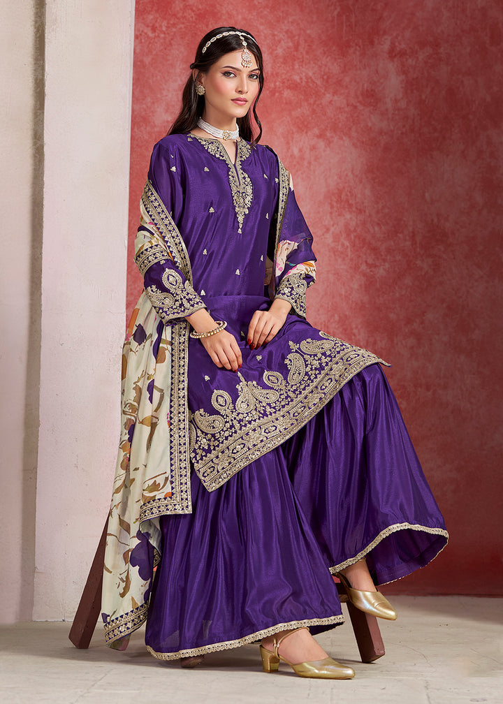 Shop Now Purple Zari Threads Work Festive Gharara Style Suit Online in USA, UK, Canada, France, Qatar, Germany, Italy, Spain & Worldwide at Empress Clothing.