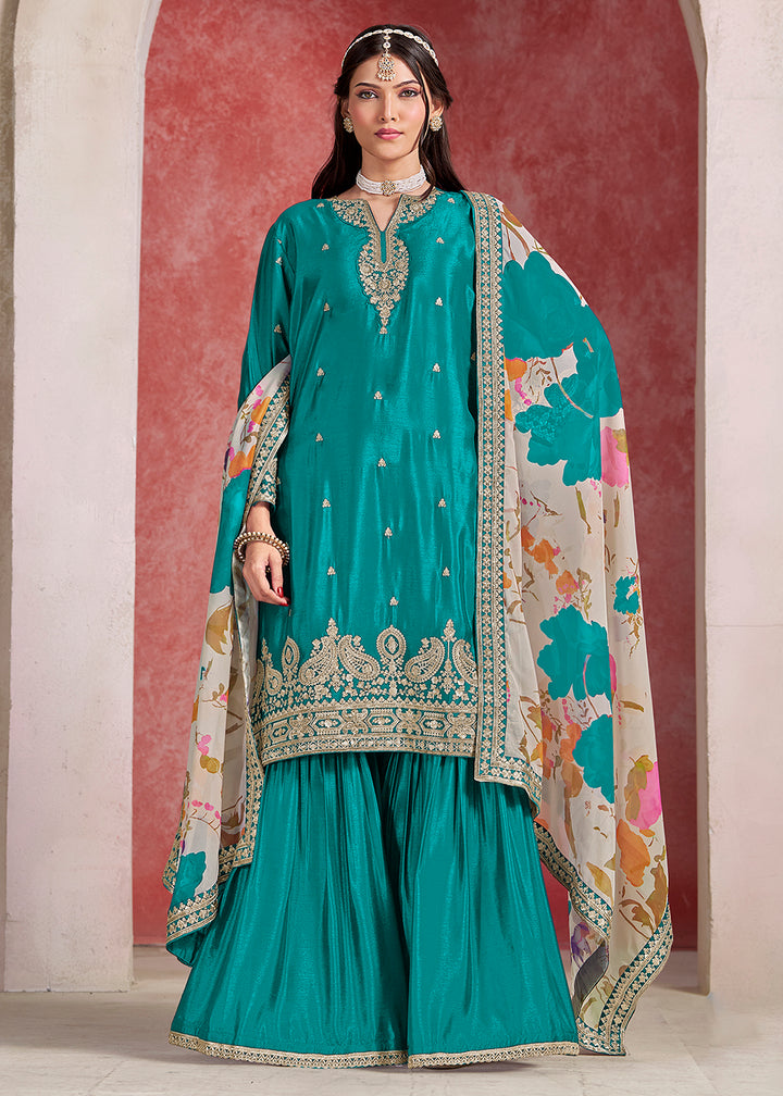 Shop Now Turquoise Zari Threads Work Festive Gharara Style Suit Online in USA, UK, Canada, France, Qatar, Germany, Italy, Spain & Worldwide at Empress Clothing.