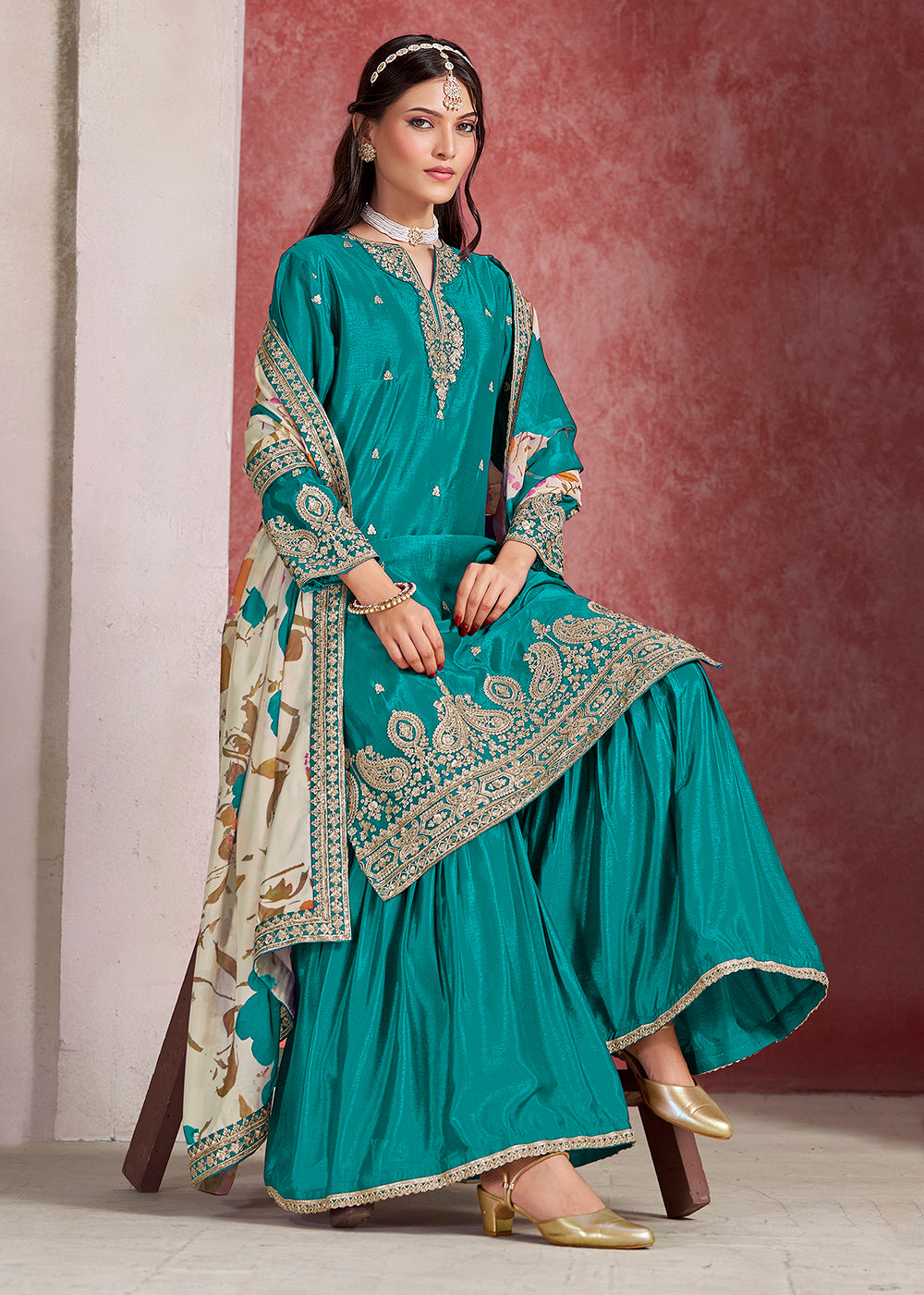 Shop Now Turquoise Zari Threads Work Festive Gharara Style Suit Online in USA, UK, Canada, France, Qatar, Germany, Italy, Spain & Worldwide at Empress Clothing.