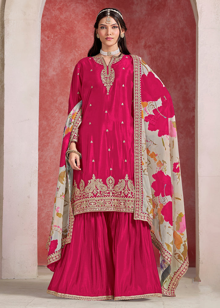 Shop Now Pink Zari Threads Work Festive Gharara Style Suit Online in USA, UK, Canada, France, Qatar, Germany, Italy, Spain, UAE & Worldwide at Empress Clothing.