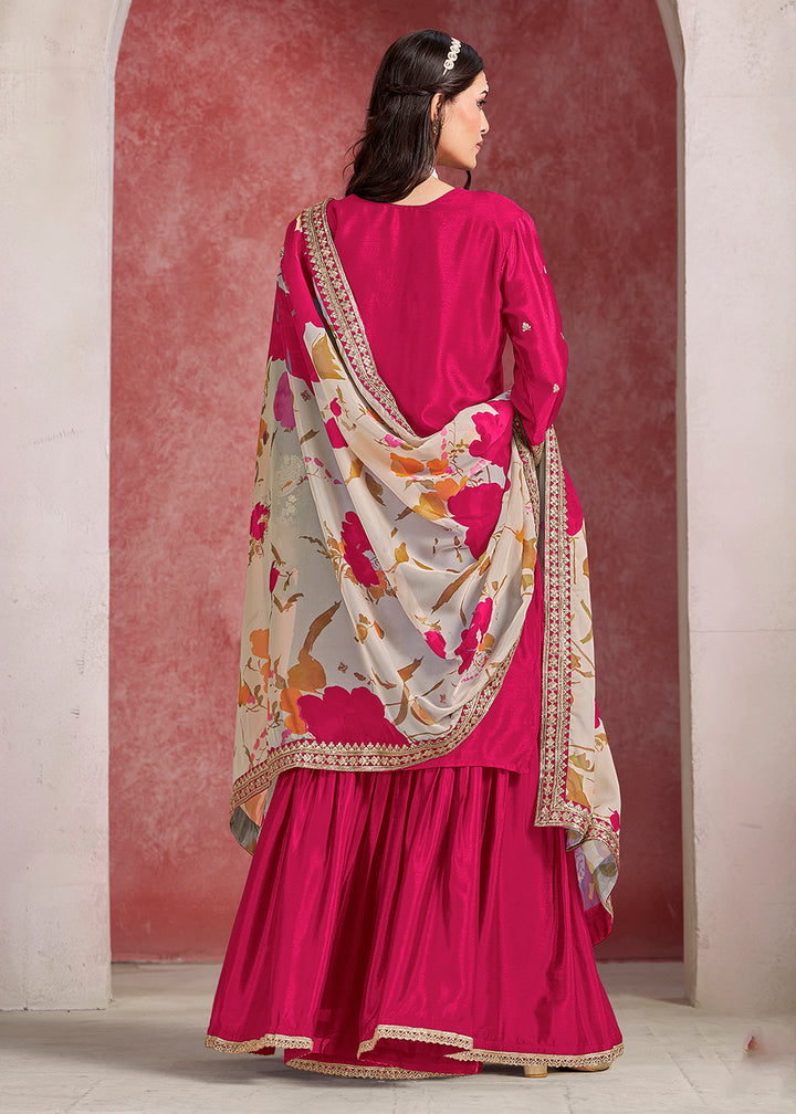Shop Now Pink Zari Threads Work Festive Gharara Style Suit Online in USA, UK, Canada, France, Qatar, Germany, Italy, Spain, UAE & Worldwide at Empress Clothing.