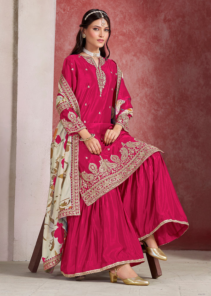 Shop Now Pink Zari Threads Work Festive Gharara Style Suit Online in USA, UK, Canada, France, Qatar, Germany, Italy, Spain, UAE & Worldwide at Empress Clothing.