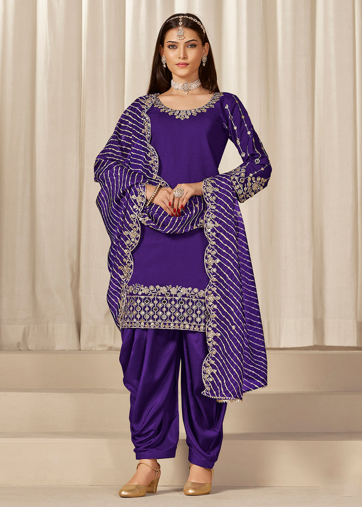 Buy Now Violet Silk Embroidered Patiala Punjabi Suit Online in USA, UK, Canada, Germany, Italy, France, Denmark, Austria, UAE & Worldwide at Empress Clothing.