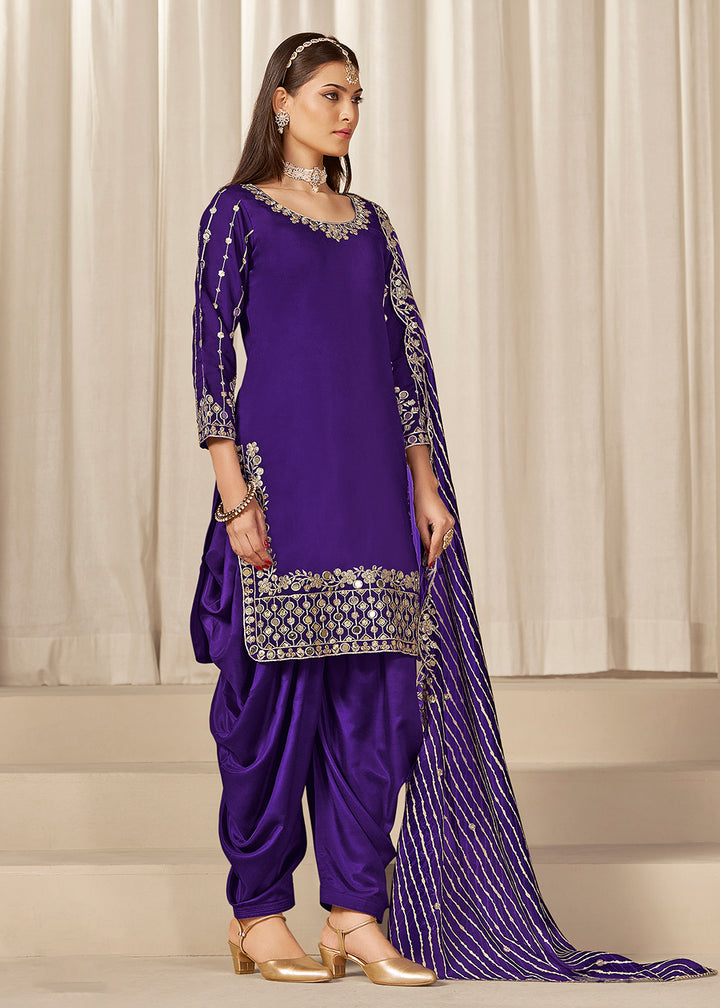 Buy Now Violet Silk Embroidered Patiala Punjabi Suit Online in USA, UK, Canada, Germany, Italy, France, Denmark, Austria, UAE & Worldwide at Empress Clothing.