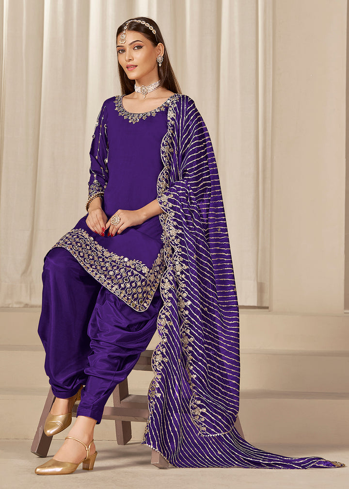 Buy Now Violet Silk Embroidered Patiala Punjabi Suit Online in USA, UK, Canada, Germany, Italy, France, Denmark, Austria, UAE & Worldwide at Empress Clothing.