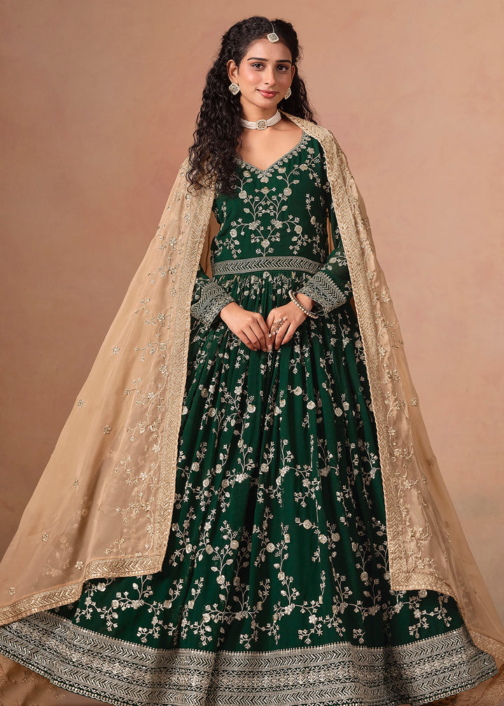 Buy Now Dark Green Embroidered Wedding Anarkali Style Suit Online in USA, UK, Germany, France, Italy, Canada, Australia, UAE & Worldwide at Empress Clothing.
