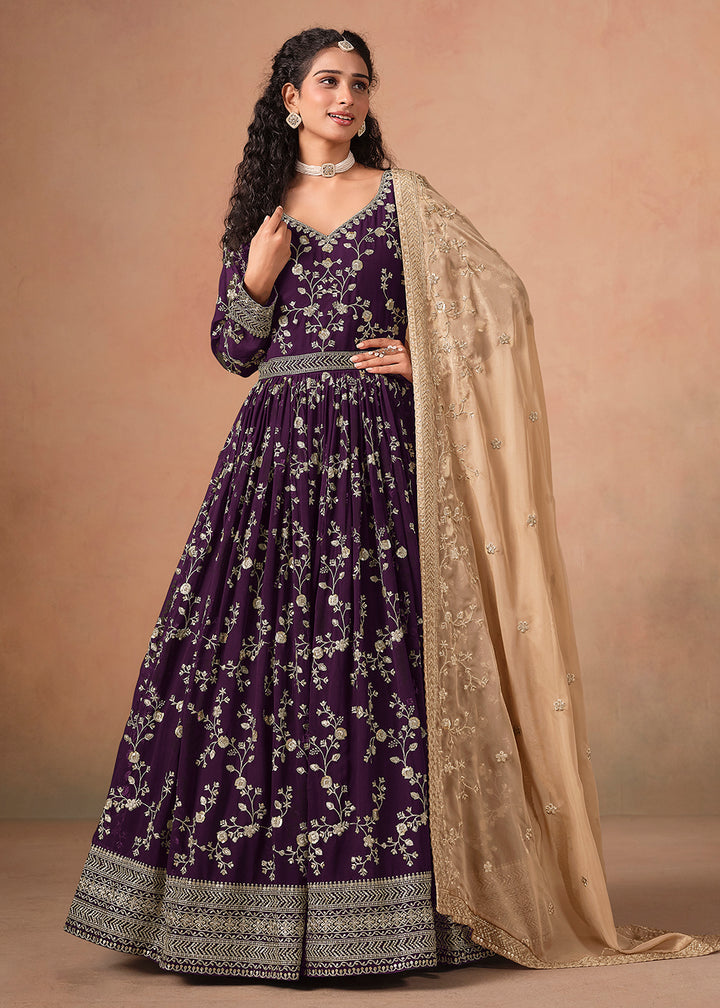 Buy Now Purple Embroidered Wedding Anarkali Style Suit Online in USA, UK, Germany, France, Italy, Canada, Australia, UAE, Austria & Worldwide at Empress.