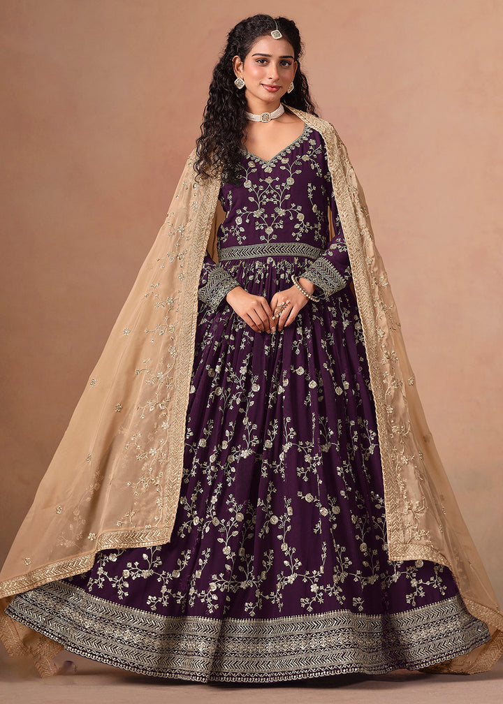 Buy Now Purple Embroidered Wedding Anarkali Style Suit Online in USA, UK, Germany, France, Italy, Canada, Australia, UAE, Austria & Worldwide at Empress.
