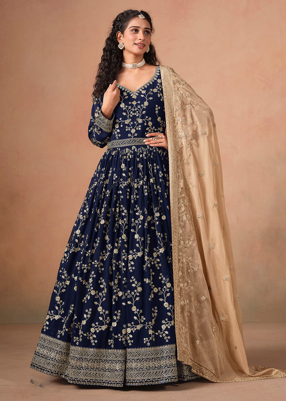 Buy Now Navy Blue Embroidered Wedding Anarkali Style Suit Online in USA, UK, Germany, France, Italy, Canada, Australia, UAE, Austria & Worldwide at Empress.