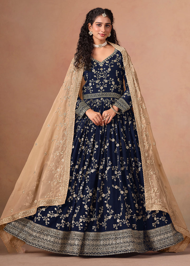 Buy Now Navy Blue Embroidered Wedding Anarkali Style Suit Online in USA, UK, Germany, France, Italy, Canada, Australia, UAE, Austria & Worldwide at Empress.