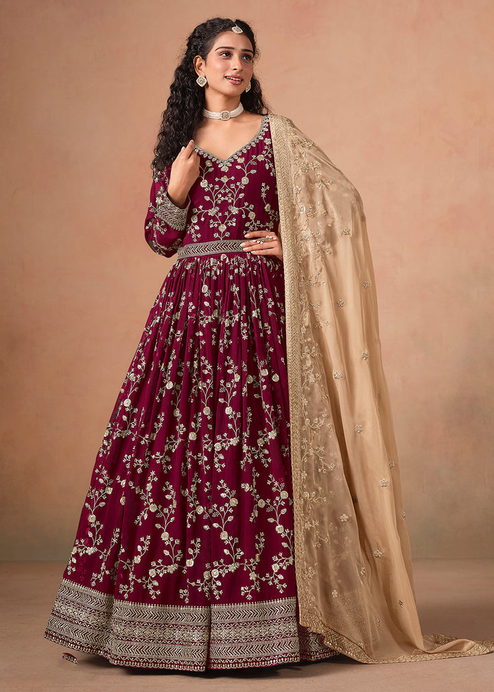 Buy NowMaroon Embroidered Wedding Anarkali Style Suit Online in USA, UK, Germany, France, Italy, Canada, Australia, UAE, Austria, Africa & Worldwide at Empress.