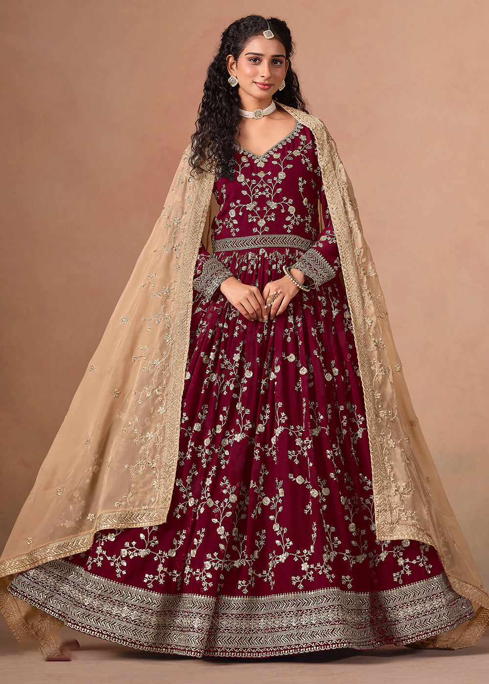 Buy Now Maroon Embroidered Wedding Anarkali Style Suit Online in USA, UK, Germany, France, Italy, Canada, Australia, UAE, Austria, Africa & Worldwide at Empress.