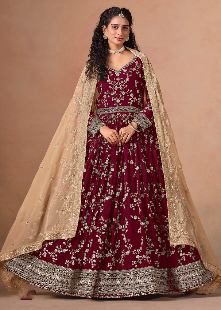 Buy Now Maroon Embroidered Wedding Anarkali Style Suit Online in USA, UK, Germany, France, Italy, Canada, Australia, UAE, Austria, Africa & Worldwide at Empress.