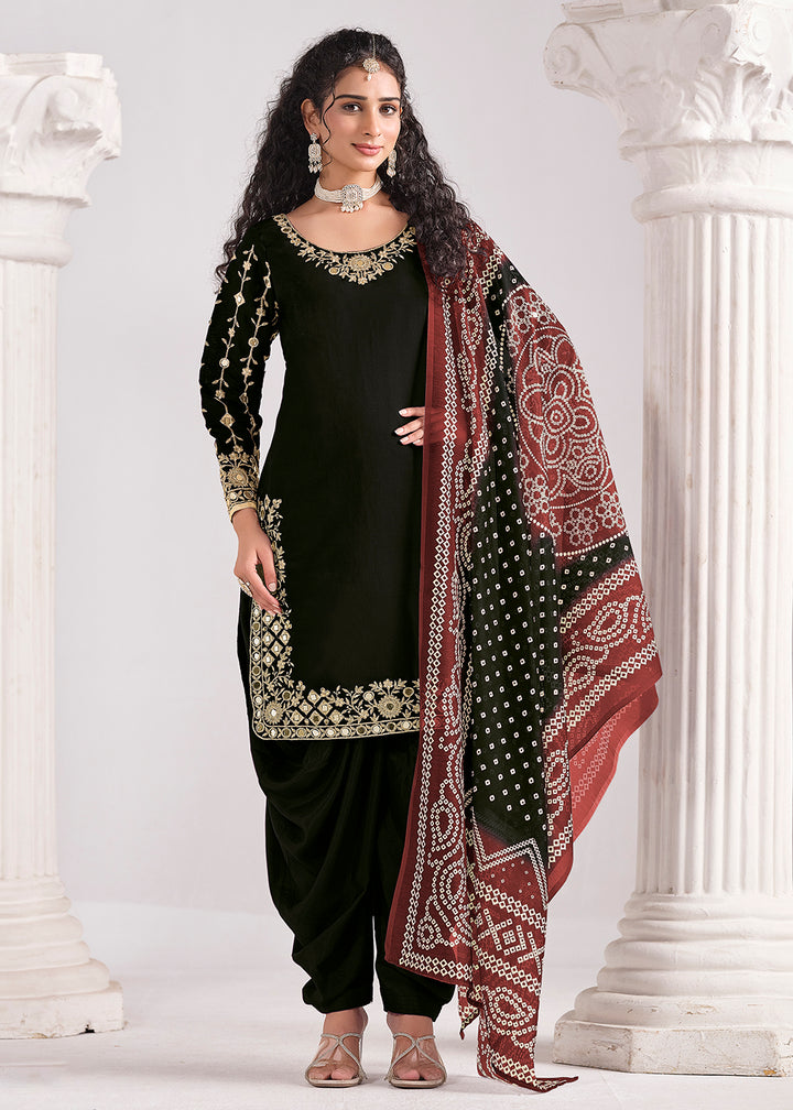 Buy Now Black Chanderi Silk Punjabi Patiala Style Suit Online in USA, UK, Canada, Germany, Italy, France, Denmark, Austria, UAE & Worldwide at Empress Clothing.