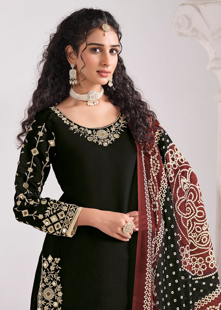 Buy Now Black Chanderi Silk Punjabi Patiala Style Suit Online in USA, UK, Canada, Germany, Italy, France, Denmark, Austria, UAE & Worldwide at Empress Clothing.