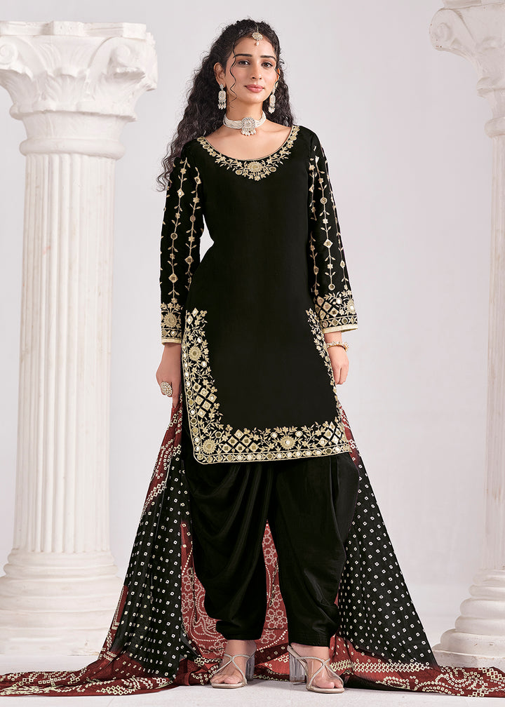 Buy Now Black Chanderi Silk Punjabi Patiala Style Suit Online in USA, UK, Canada, Germany, Italy, France, Denmark, Austria, UAE & Worldwide at Empress Clothing.