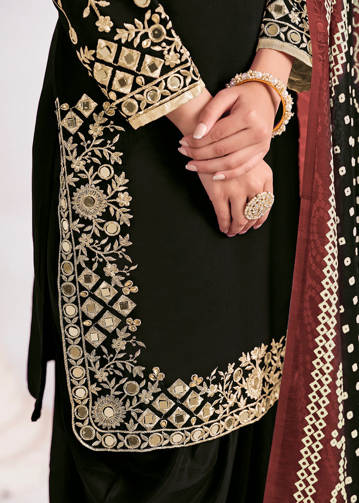 Buy Now Black Chanderi Silk Punjabi Patiala Style Suit Online in USA, UK, Canada, Germany, Italy, France, Denmark, Austria, UAE & Worldwide at Empress Clothing.