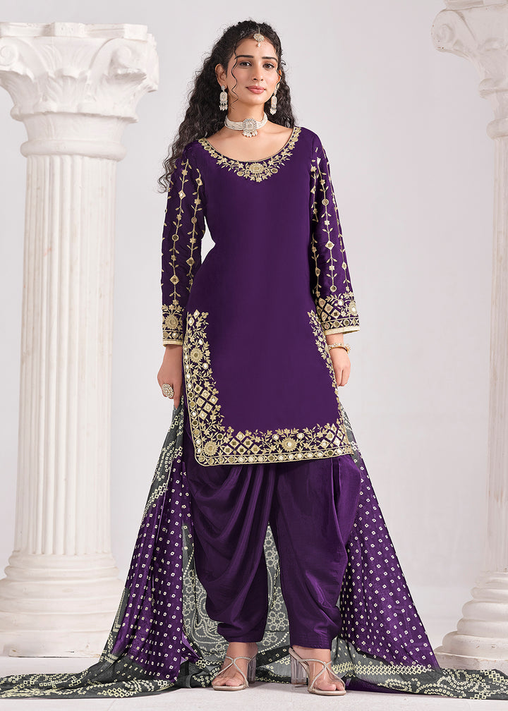 Buy Now Purple Chanderi Silk Punjabi Patiala Style Suit Online in US, UK, Canada, Germany, Italy, France, Denmark, Austria, UAE & Worldwide at Empress Clothing.