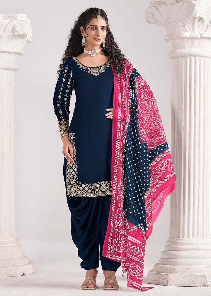 Buy Now Blue Chanderi Silk Punjabi Patiala Style Suit Online in US, UK, Canada, Germany, Italy, France, Denmark, Austria, UAE & Worldwide at Empress Clothing.