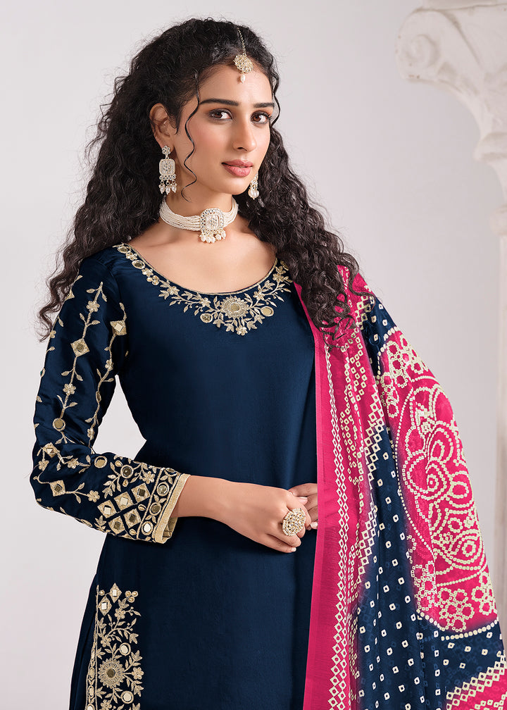 Buy Now Blue Chanderi Silk Punjabi Patiala Style Suit Online in US, UK, Canada, Germany, Italy, France, Denmark, Austria, UAE & Worldwide at Empress Clothing.