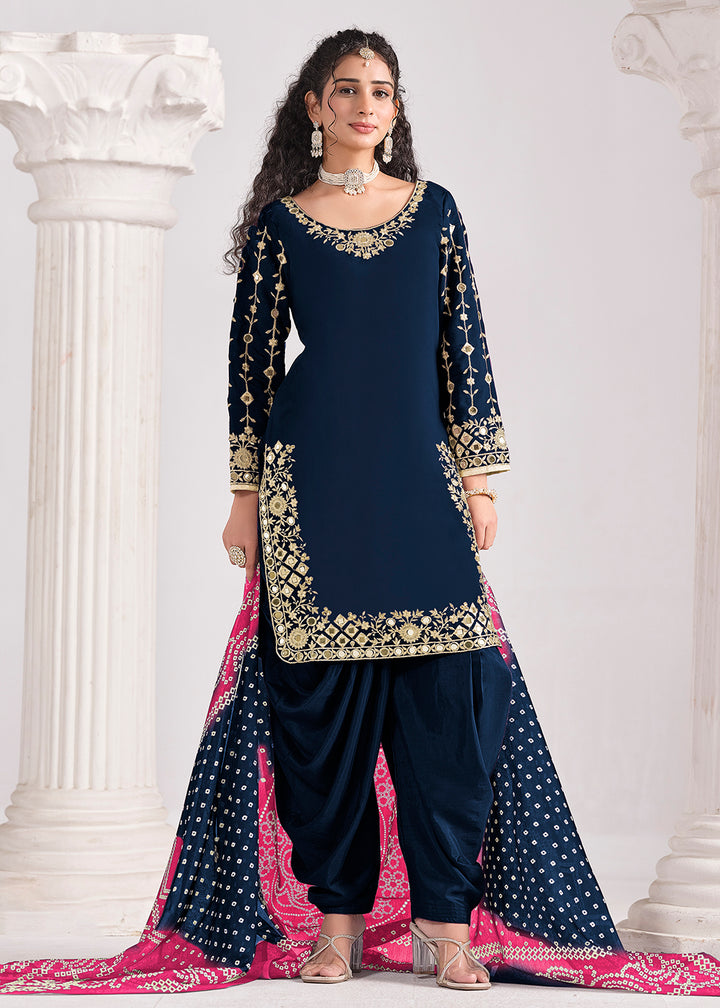 Buy Now Blue Chanderi Silk Punjabi Patiala Style Suit Online in US, UK, Canada, Germany, Italy, France, Denmark, Austria, UAE & Worldwide at Empress Clothing.