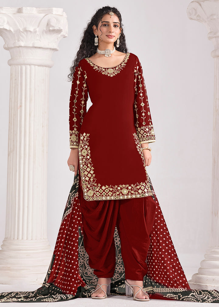 Buy Now Maroon Chanderi Silk Punjabi Patiala Style Suit Online in US, UK, Canada, Germany, Italy, France, Denmark, Austria, UAE & Worldwide at Empress Clothing.