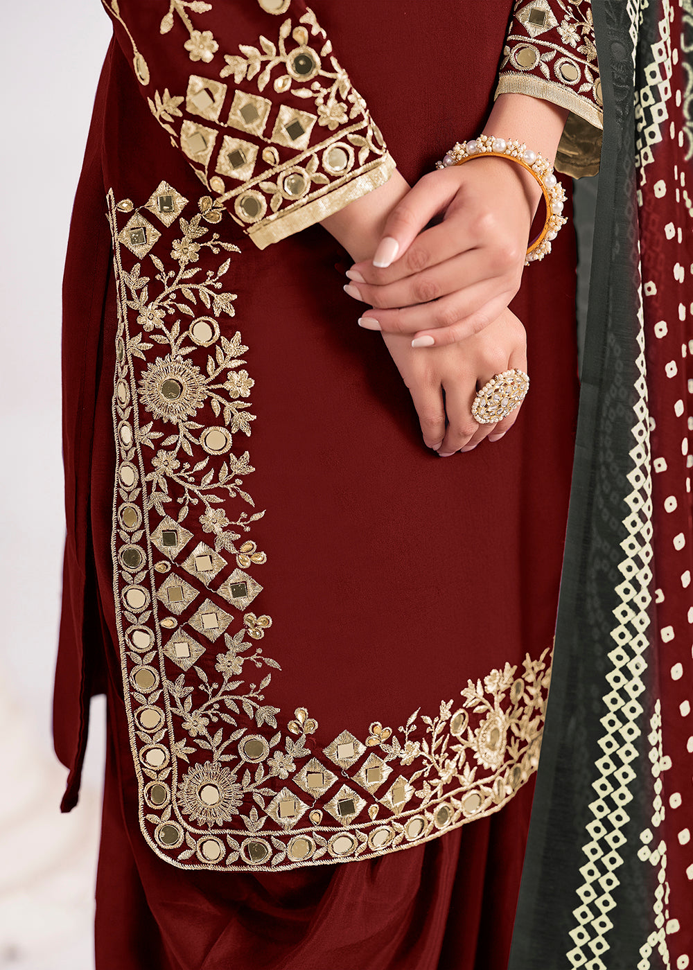 Buy Now Maroon Chanderi Silk Punjabi Patiala Style Suit Online in US, UK, Canada, Germany, Italy, France, Denmark, Austria, UAE & Worldwide at Empress Clothing.
