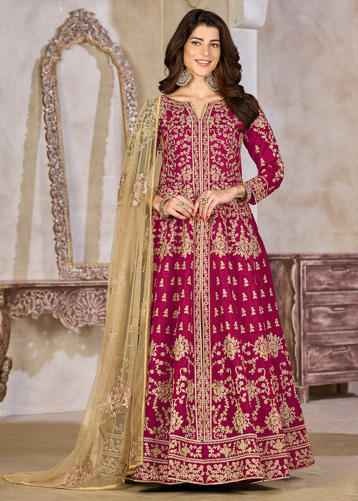 Buy Now Pink Art Silk Lehenga Slit Style Festive Anarkali Suit Online in US, UK, Germany, France, Italy, Canada, Australia, UAE, Maldives & Worldwide at Empress