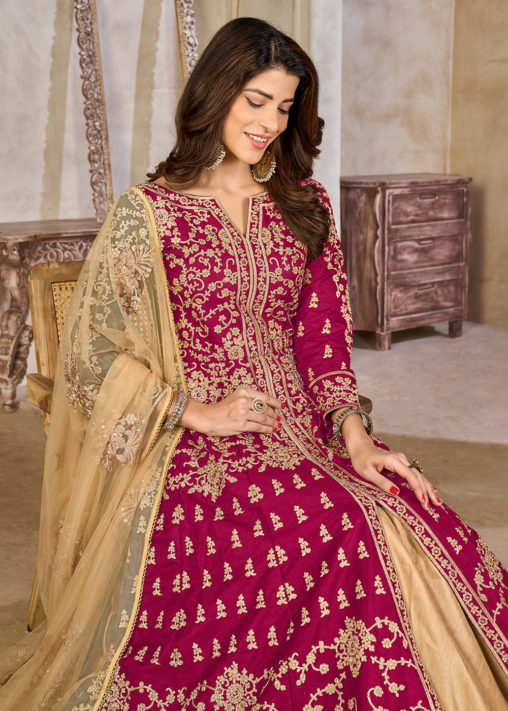 Buy Now Pink Art Silk Lehenga Slit Style Festive Anarkali Suit Online in US, UK, Germany, France, Italy, Canada, Australia, UAE, Maldives & Worldwide at Empress