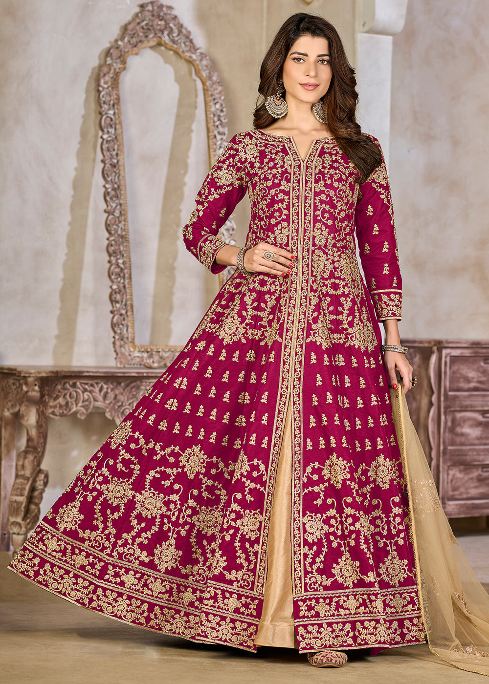 Buy Now Pink Art Silk Lehenga Slit Style Festive Anarkali Suit Online in US, UK, Germany, France, Italy, Canada, Australia, UAE, Maldives & Worldwide at Empress