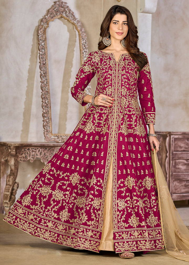 Buy Now Pink Art Silk Lehenga Slit Style Festive Anarkali Suit Online in US, UK, Germany, France, Italy, Canada, Australia, UAE, Maldives & Worldwide at Empress