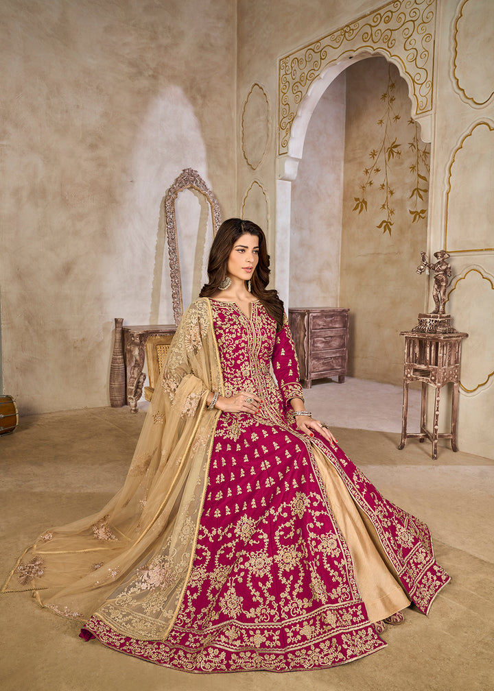 Buy Now Pink Art Silk Lehenga Slit Style Festive Anarkali Suit Online in US, UK, Germany, France, Italy, Canada, Australia, UAE, Maldives & Worldwide at Empress