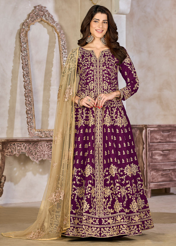 Buy Now Purple Art Silk Lehenga Slit Style Festive Anarkali Suit Online in UK, Germany, France, Italy, Canada, Australia, UAE, Maldives & Worldwide at Empress.
