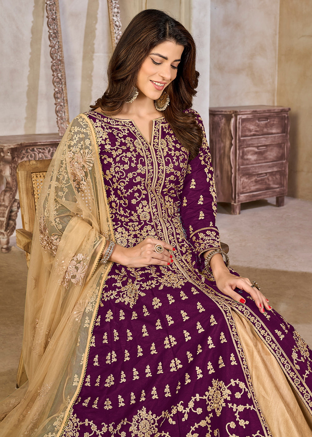 Buy Now Purple Art Silk Lehenga Slit Style Festive Anarkali Suit Online in UK, Germany, France, Italy, Canada, Australia, UAE, Maldives & Worldwide at Empress.