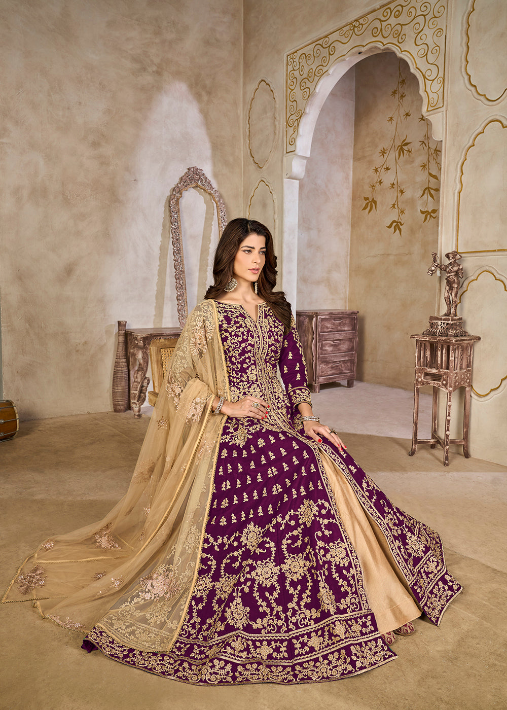 Festive Anarkali Suit Purple Silk Lehenga Slit Style Anarkali