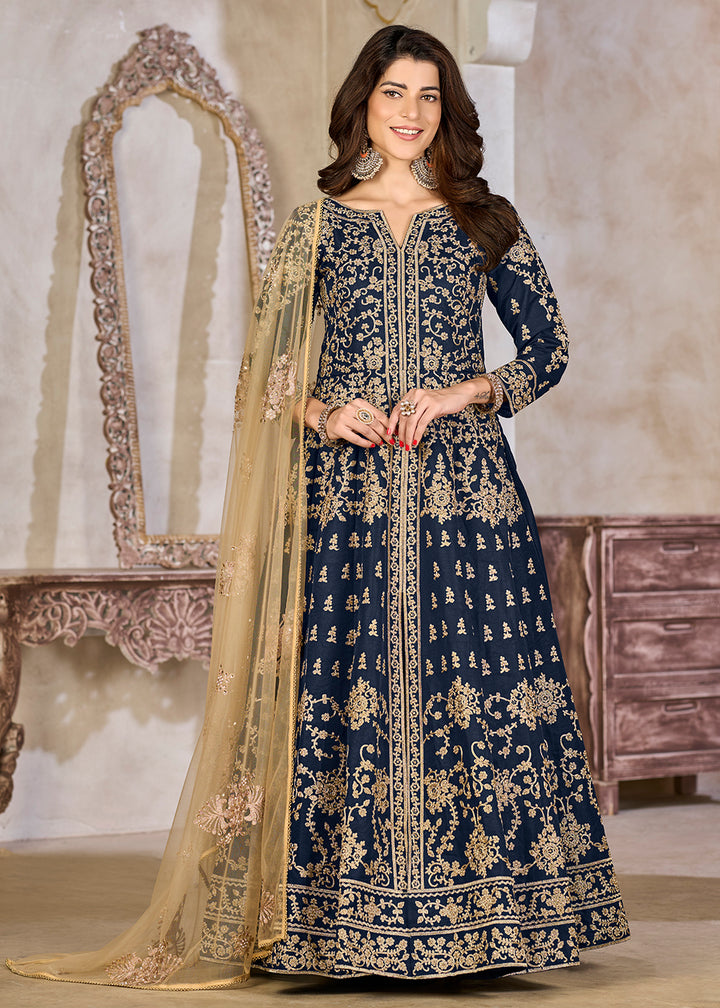 Buy Now Blue Art Silk Lehenga Slit Style Festive Anarkali Suit Online in UK, Germany, France, Italy, Canada, Australia, UAE, Maldives & Worldwide at Empress.
