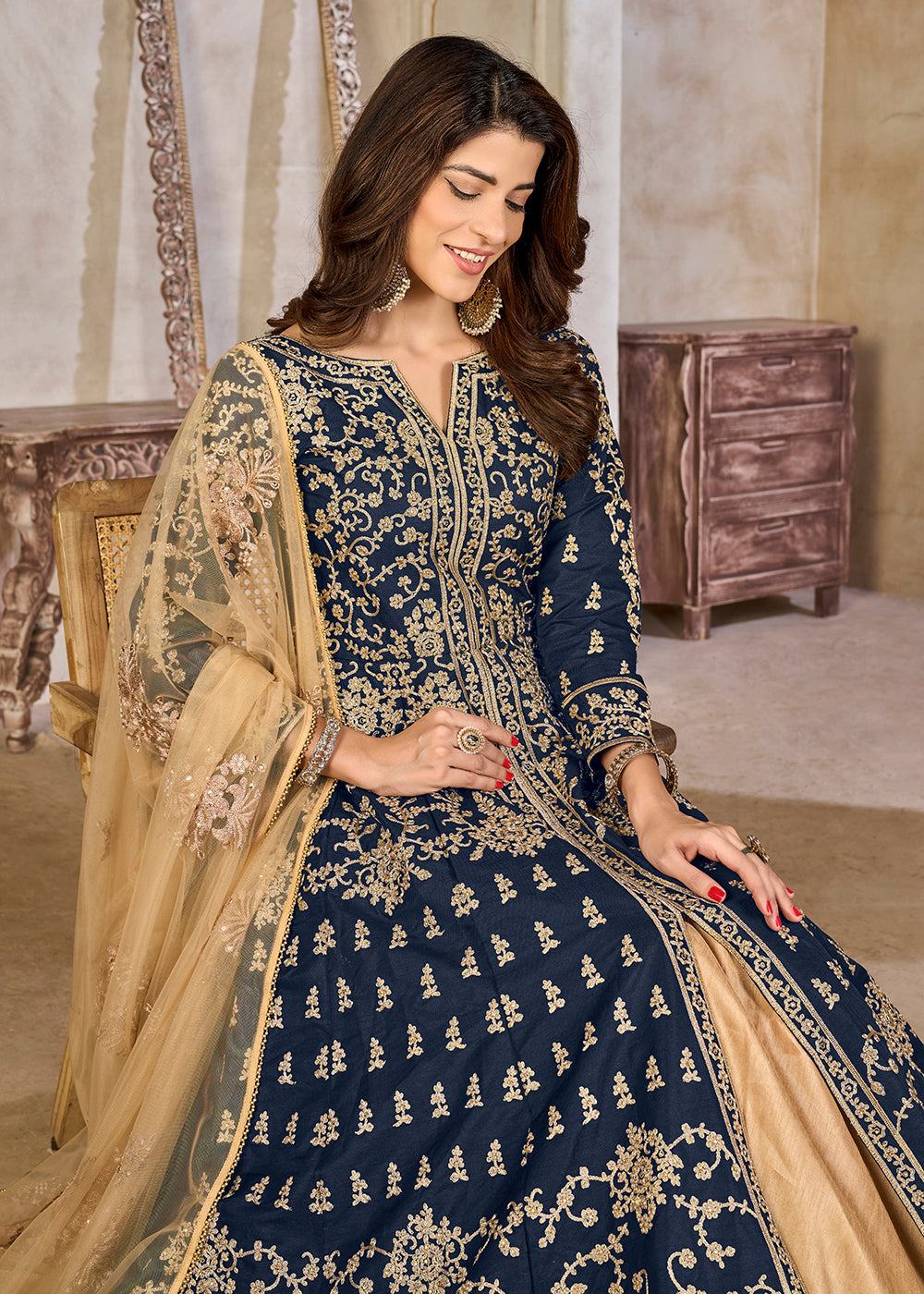Buy Now Blue Art Silk Lehenga Slit Style Festive Anarkali Suit Online in UK, Germany, France, Italy, Canada, Australia, UAE, Maldives & Worldwide at Empress.